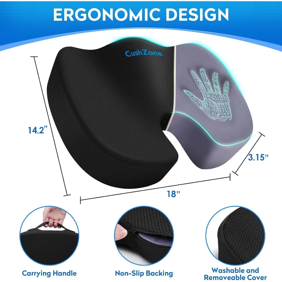 Ergonomic Memory Foam Seat Cushion with NonSlip Base for Office Chair Car Airplane Wheelchair and Bleacher Use Provides Superio