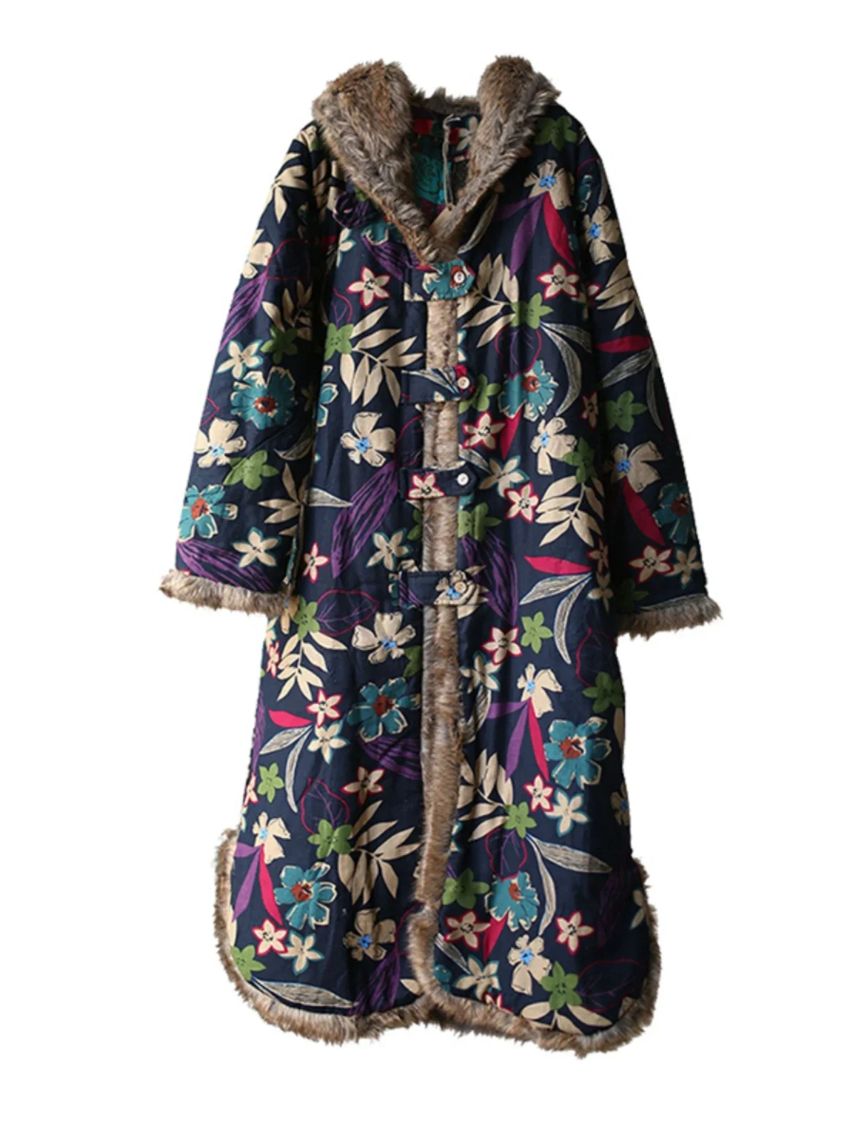 Winter Ethnic Style Leaf Print Hooded Cotton-padded Coat Women's Velvet Thickened Long Loose and Thin Fur Collar Jacket