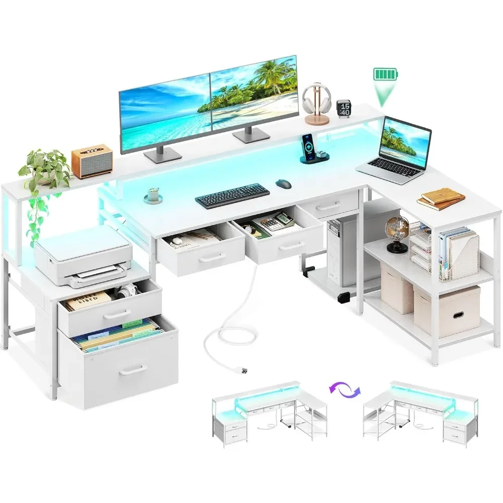 Reversible L Shaped Computer Desk with Power Outlet&LED Strip,Office Desk with Storage Shelves,File Drawers and Monitor Shelf