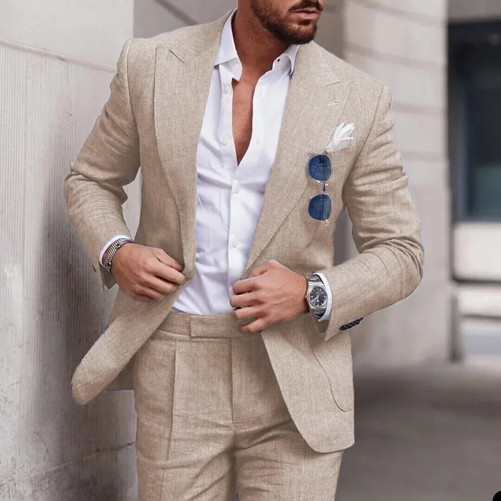 Fashion Linen Suits for Men High Quality Peak Lapel Double One Button Male Suit Slim Chic Casual Wedding Tuxedo 2 Piece Costume