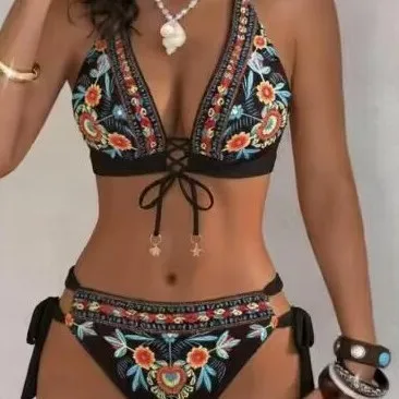 Women Boho Ethnic Floral Print Bikini Set Halter Triangle Lace Up Front Side Tie 2 Piece Swimsuit Beach Bathing Suit Swimwear