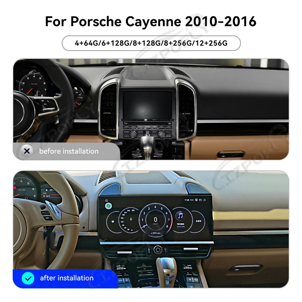 

Автомагнитола Lizpofly Upgrade 12.3 дюйма для Porsche Cayenne 2010–2016 с беспроводными CarPlay и Android Auto, сенсорным экраном и GPS-навигацией