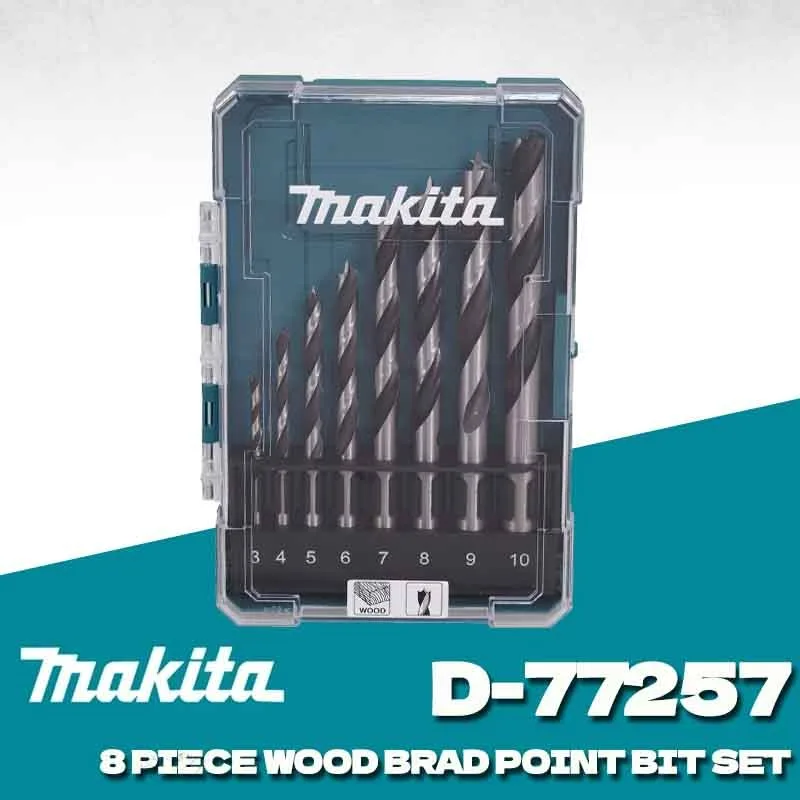 MAKITA D-77257 Power Tools Accessory, 8 Piece Wood Brad Point Drill Bit Set 3-10mm Straight Shank, Precise Durable Chip Removal