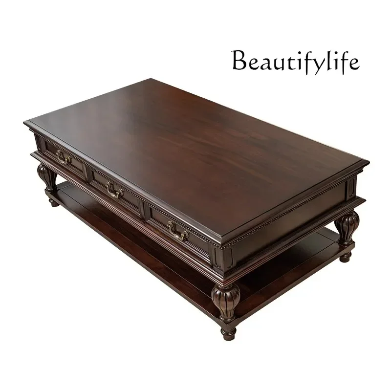QQ American solid wood coffee table walnut rectangular storage integrated tea table villa luxury