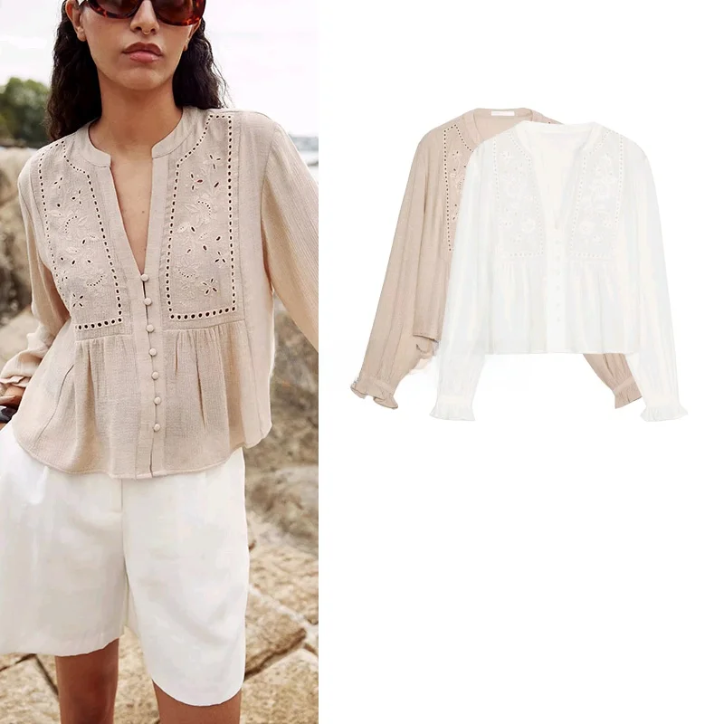 Nieuwe dames geborduurd uitgehold lang Sve V-Ne ort irt gelaagde decoratie woon-werkverkeer losse pasvorm zomer 2025,