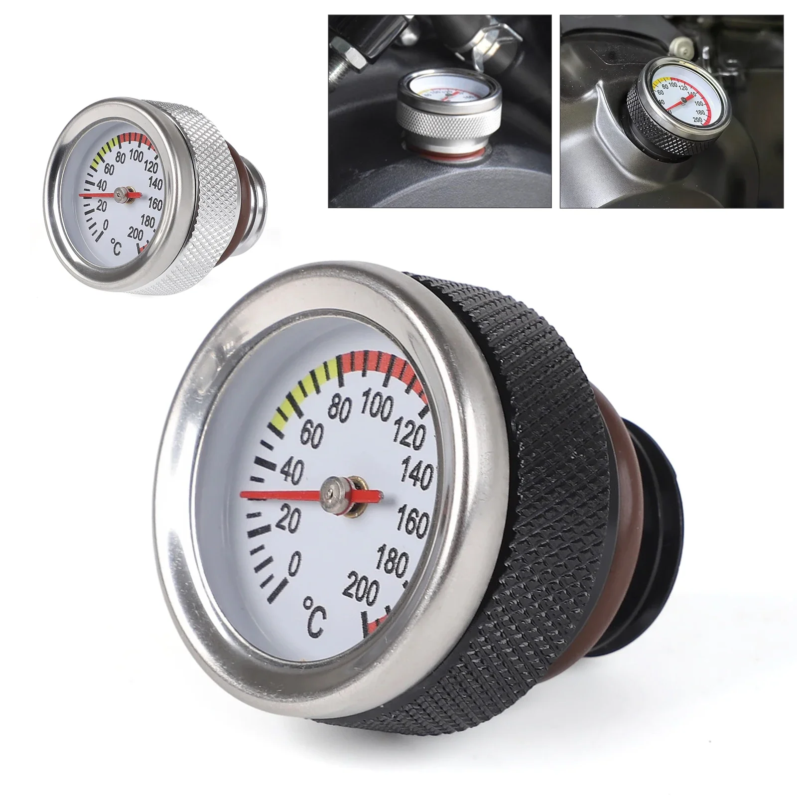

Thread size M20x2.5 Motorcycle Fuel Tank Caps With 35MM Oil Temperature Gauge 0-200 Pointers Thermometer Cap Cover Black/Silver