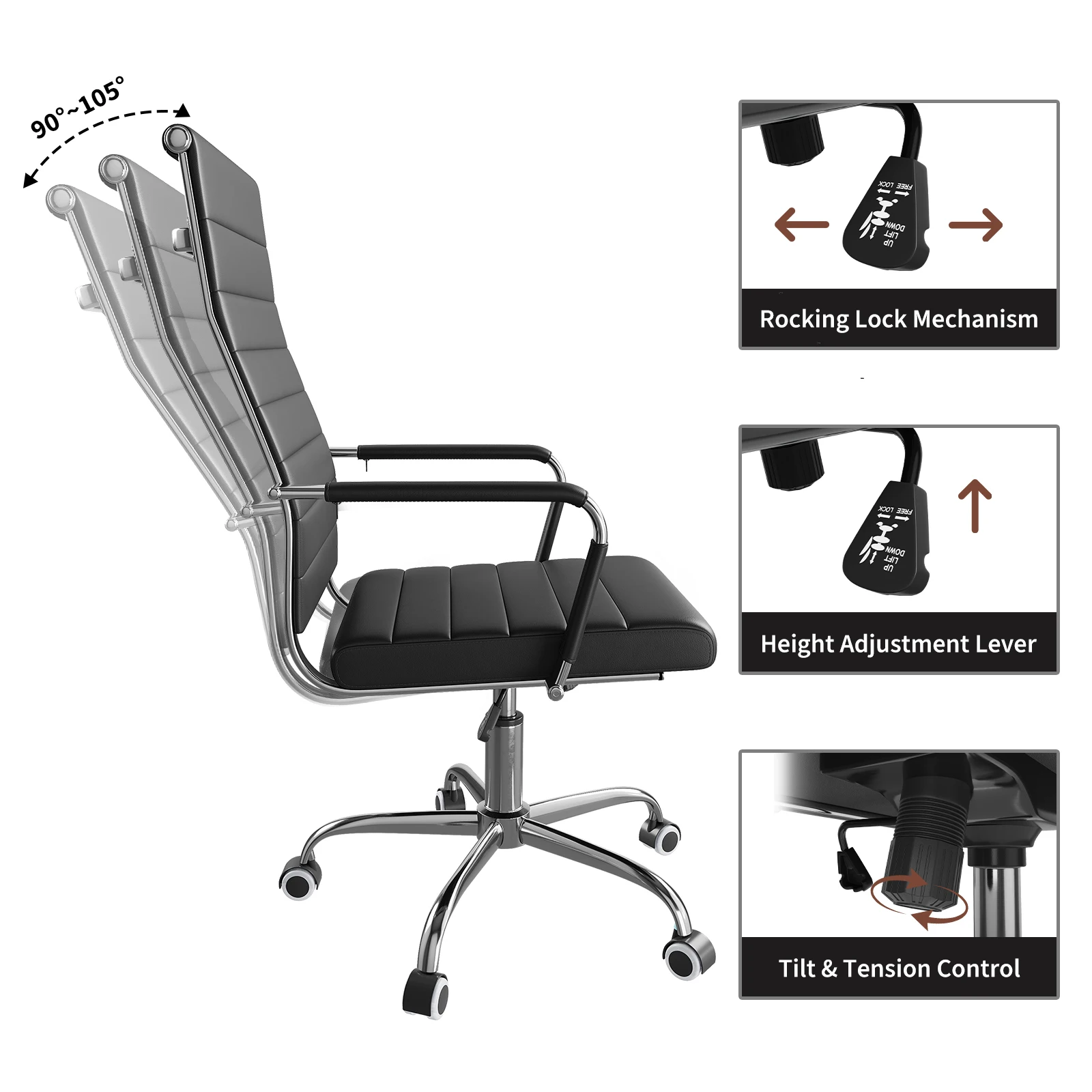 Executive Office Desk Chair, Ribbed Mid-Back PU Leather Conference Room Chair, Ergonomic Padded Computer Chair for Home Office, Meeting & Reception Area - view 6