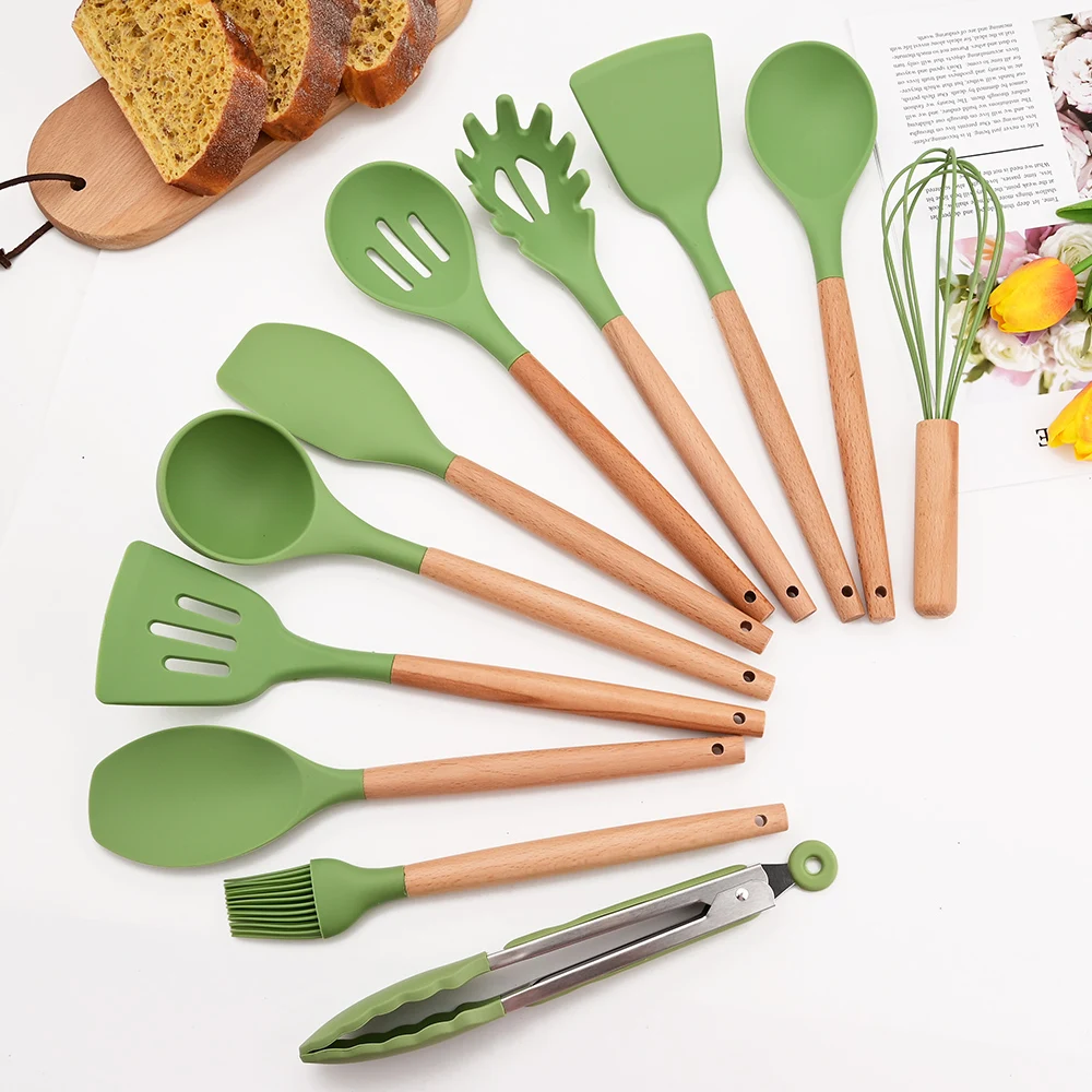 Avocado Green Cooking Kitchenware Silicone Utensils Wooden Multifunction Handle Non-Stick Spatula Ladle Egg Beaters Shovel New