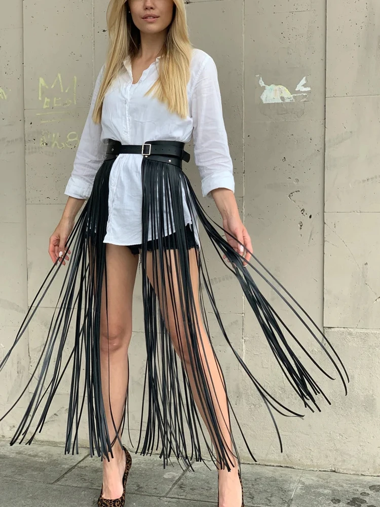 

Fashion Hip Hop Bodycon Leather Adult Women Leather Tassel Skirt Strapless Bondage Fetish Cosplay Costume Women Gothic Costume