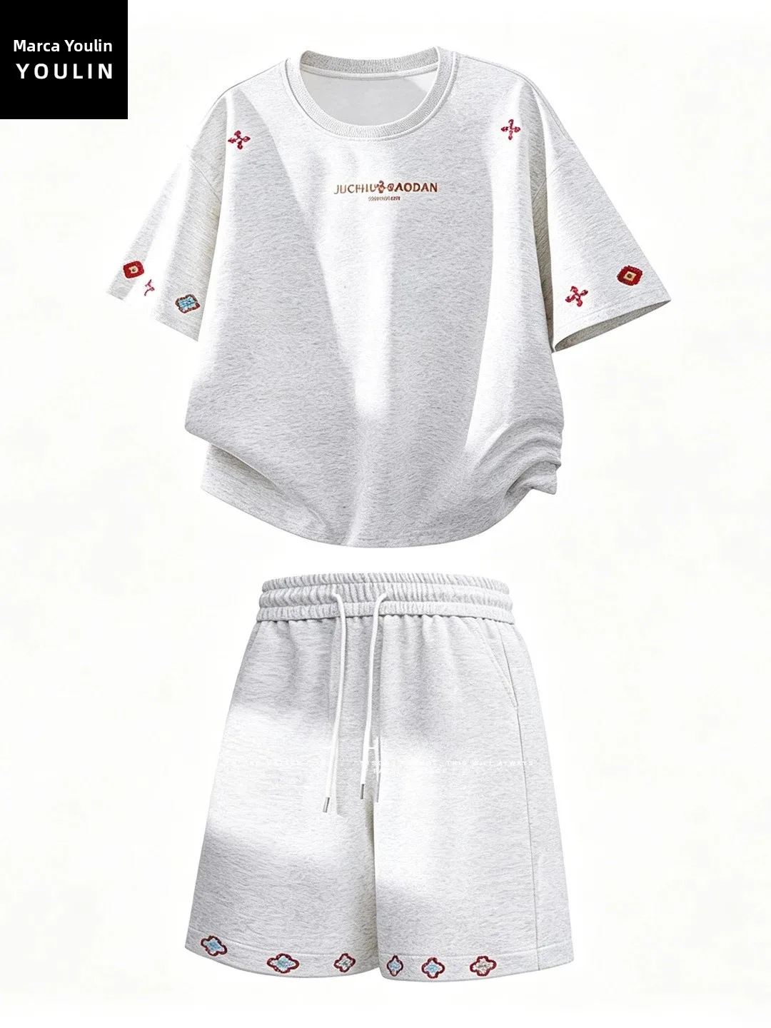 Conjunto Casual Esportivo Masculino Americano Cinza Claro com Bordado, Estilo Solto e Descontraído, Manga Curta, Duas Peças, ...