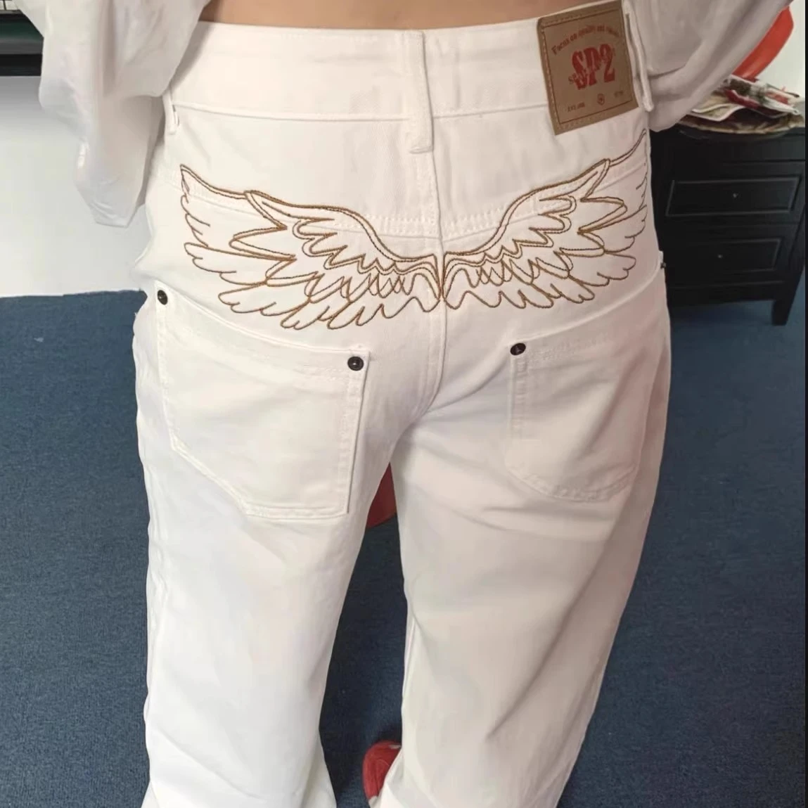 Y2K White Baggy Jeans with Angel Wings Embroidery - SP2 Streetwear Loose Denim Pants for Women, Harajuku Grunge Aesthetic