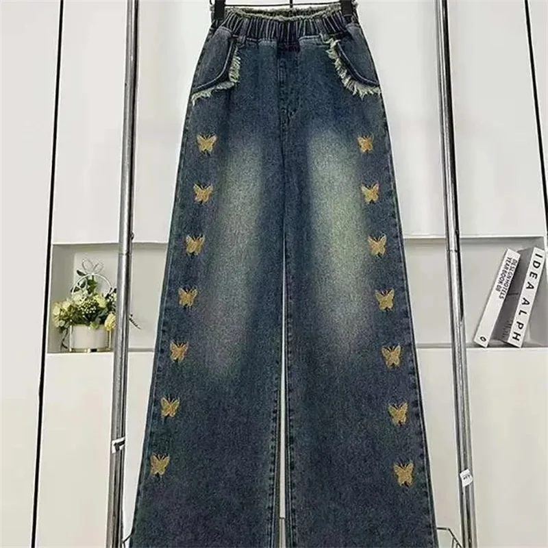 

2025 женские модные джинсы с высокой талией, весна-осень Femme, большой размер 6XL, прямые джинсовые брюки, корейские женские широкие ковбойские брюки