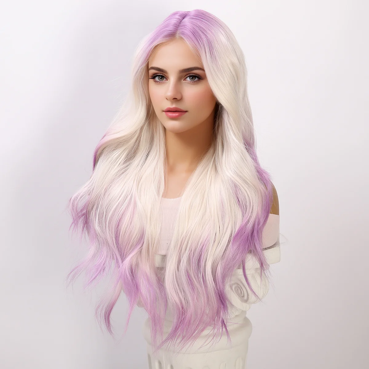 Fashionable Daily Wig Front Lace Imported High-Temperature Silk Split Purple White Gradient Long Hair Roll Party Girl Wig