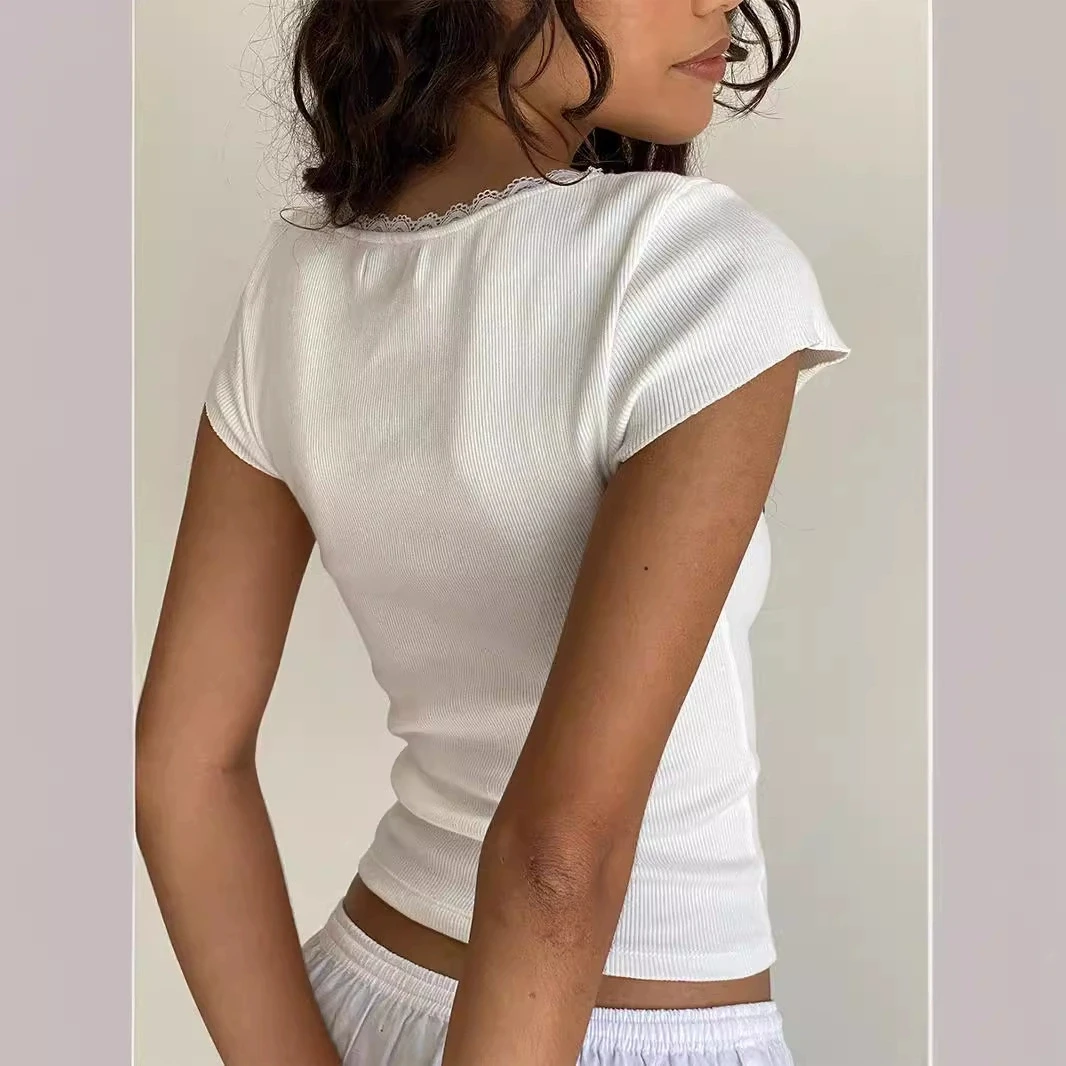 y2k Vintage Baby Tee Cottage Lace Trim Knitted T-Shirt Summer Square Neck Short Sleeve Tee Shirt Women White Milkmaid Crop Top image 4