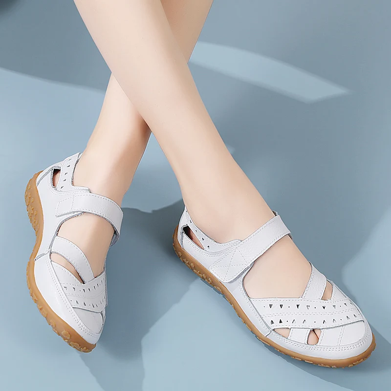 2024 new summer women\'s shoes large size Roman casual mother shoes leather baotou sandals Velcro hollow cowhide