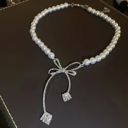 Pearl Rhinestone Bow Necklace for Women Fashion Light Luxury Niche Collarbone Chain Necklaces New Personality Jewelry Party