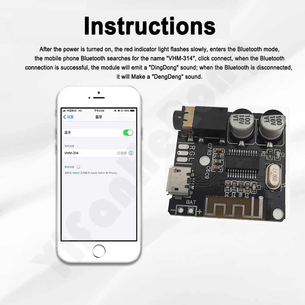 Compatível com Bluetooth MP3 Receiver Decoder Board, VHM-314, Suporte Micro Interface, Conexão Automática, Saída de Áudio Estéreo