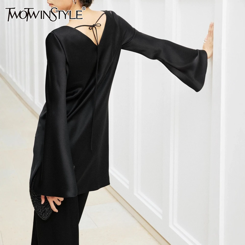 

TWOTWINSTYLE Black Spliced Lace Up Elegant Shirt Female O Neck Long Sleeve Loose Light Luxury Women's Shirts Autumn Fashion New