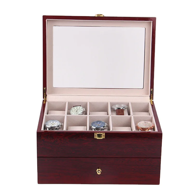 20 Slots Wooden Watch Box Case Glass Wine Red Piano Finish Baking Varnish Craft Wood Watch Boxes Organizer Storage Holder Gifts