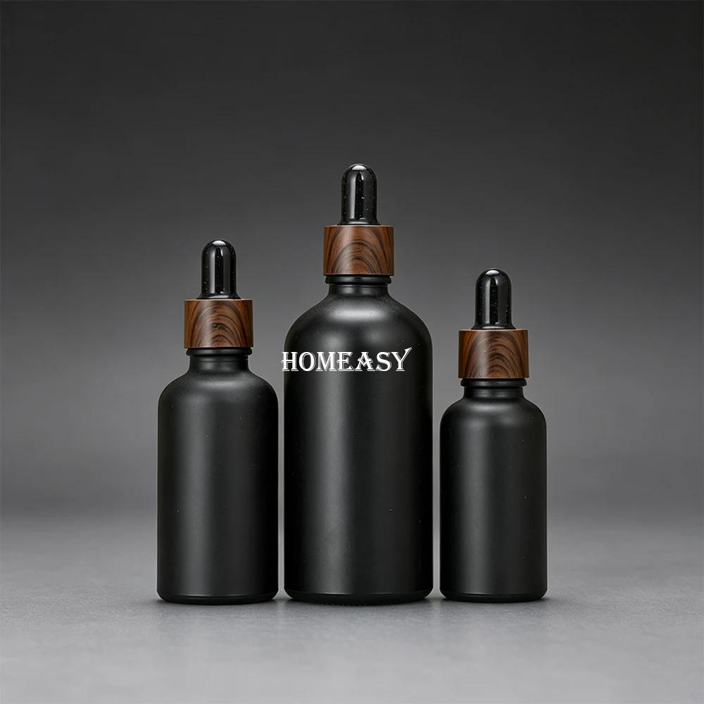 Matte Black Glass Dropper Bottle 7 Sizes Essential Oil Bottle Wooden Lid Refill Aroma Diffuser Storage view 4