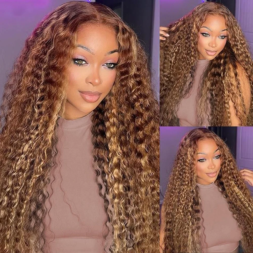 Peluca con malla Frontal ombré de 30 pulgadas, cabello humano ondulado profundo 13x4 HD, pelucas frontales de encaje rubio miel P4/27, peluca de cabello humano rizado