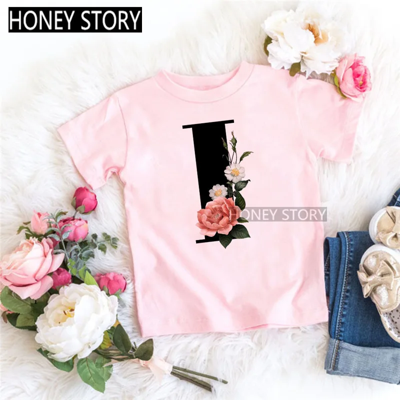 Camiseta infantil preta com letras inglesas, gola redonda, manga curta, rosa, flor, flor, meninos, meninas, 26