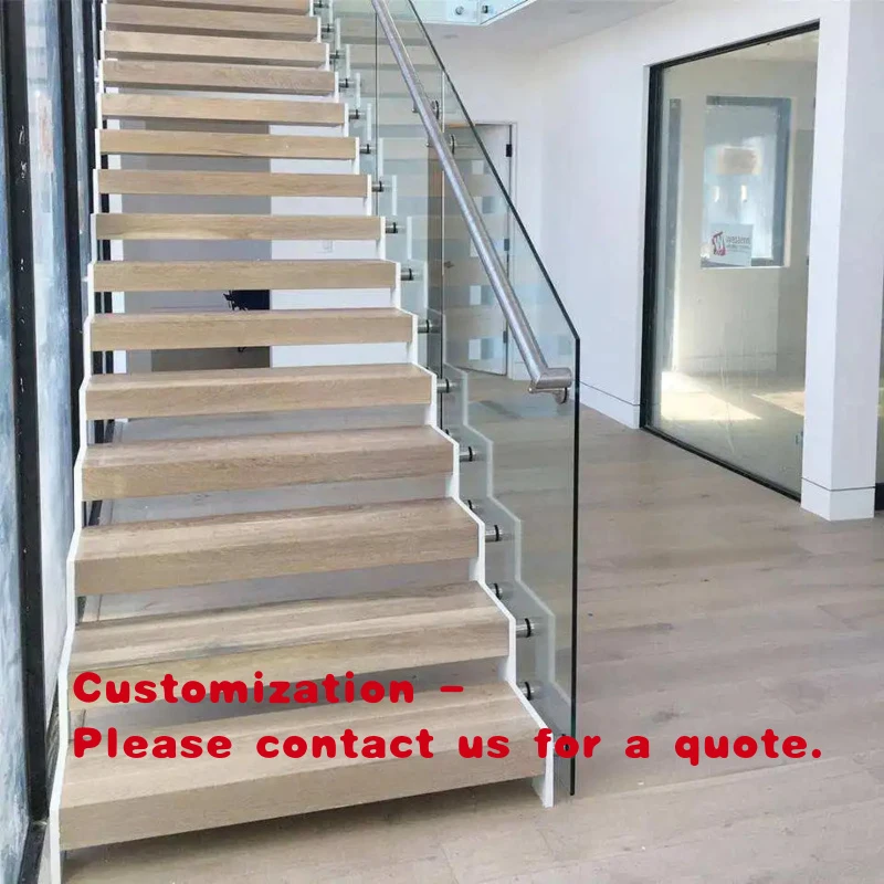 custom.Indoor Single Beam Straight Stairs With Solid Wood Steps Metal Customized Wooden Staircase
