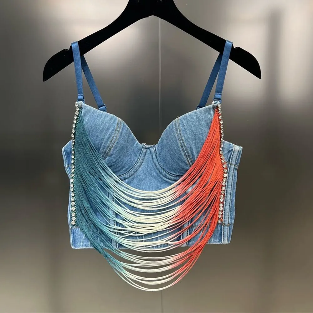 

Summer Tassel Diamond Denim Tank Tops for Women stage performance clothes Push up bustier bra Camisole female cropped top Y4108