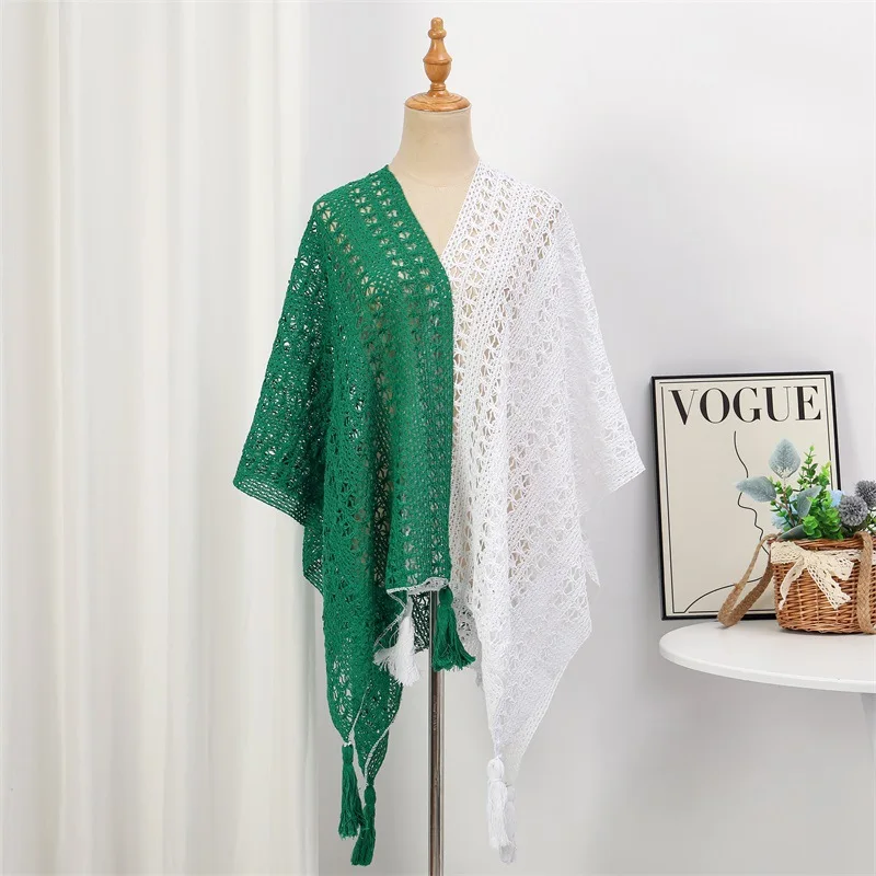 Women Knitted color blocking Poncho Ethnic Style  Shawl Thin Spring Summer Cape Cloak Decorative Scarf sun protection coat P3