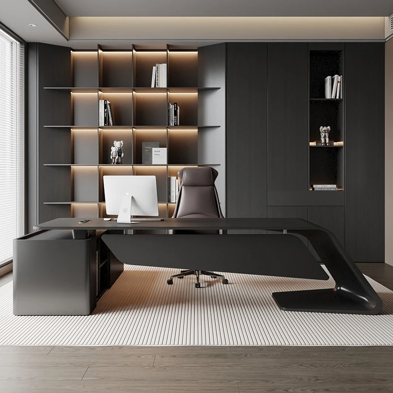 Matte Powder-Coated Executive Desk,Black Warrior Style,Minimalist Luxury Office Desk,CEO Workstation,Large-Sized Manager Desk