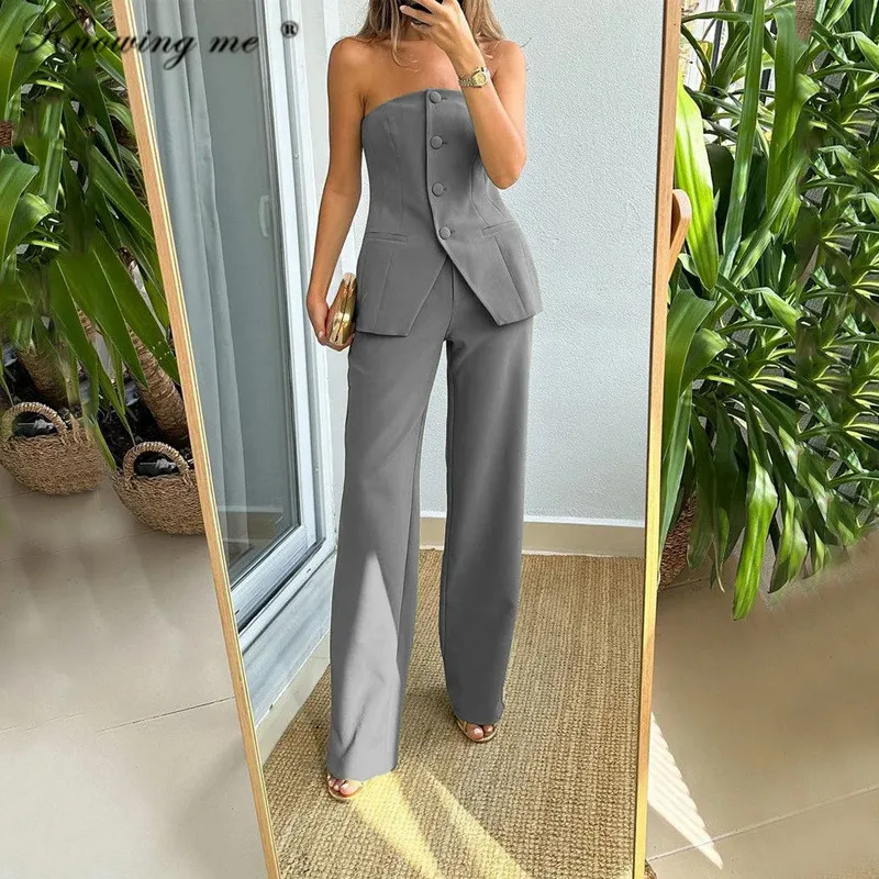 

Sleeveless Bluzer suit Set Women 2024 Summer Solid Single Breasted Split Tops High Waist Wide Leg Trousers Female Pants Sets