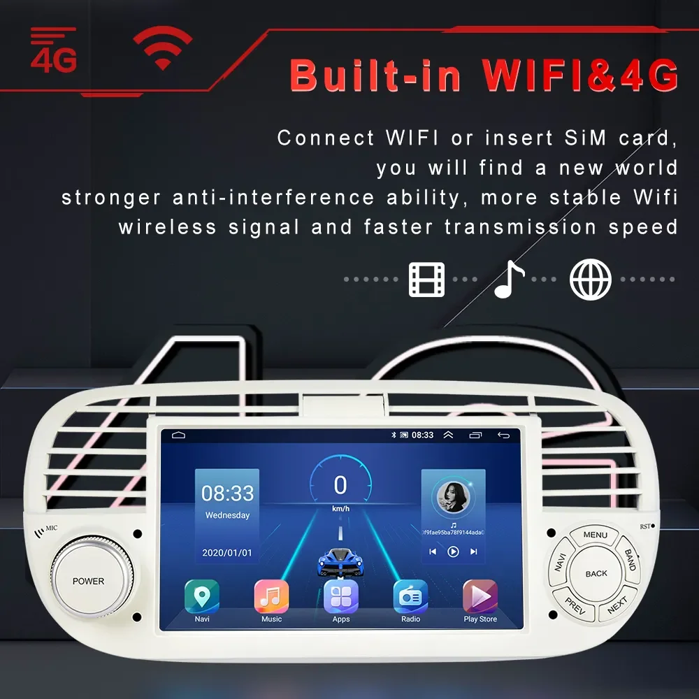 OEM/ODM 7 Inch Display Touchscreen Android GPS Car Radio Built-in WiFi for Fiat 500 Abarth 2007-2015 Wireless Carplay Multimedia
