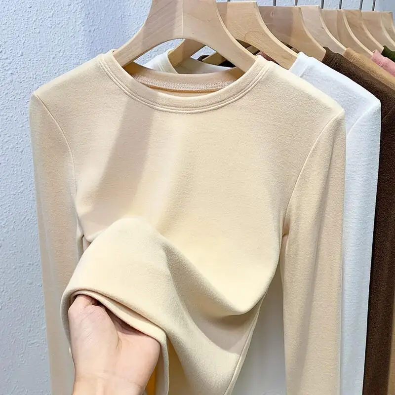 

Women's Base Shirt Girl Inner Outfit Double-Sided Velvet Crew Neck Brushed Long Sleeve Thermal Layering Basic Stretchy Tops