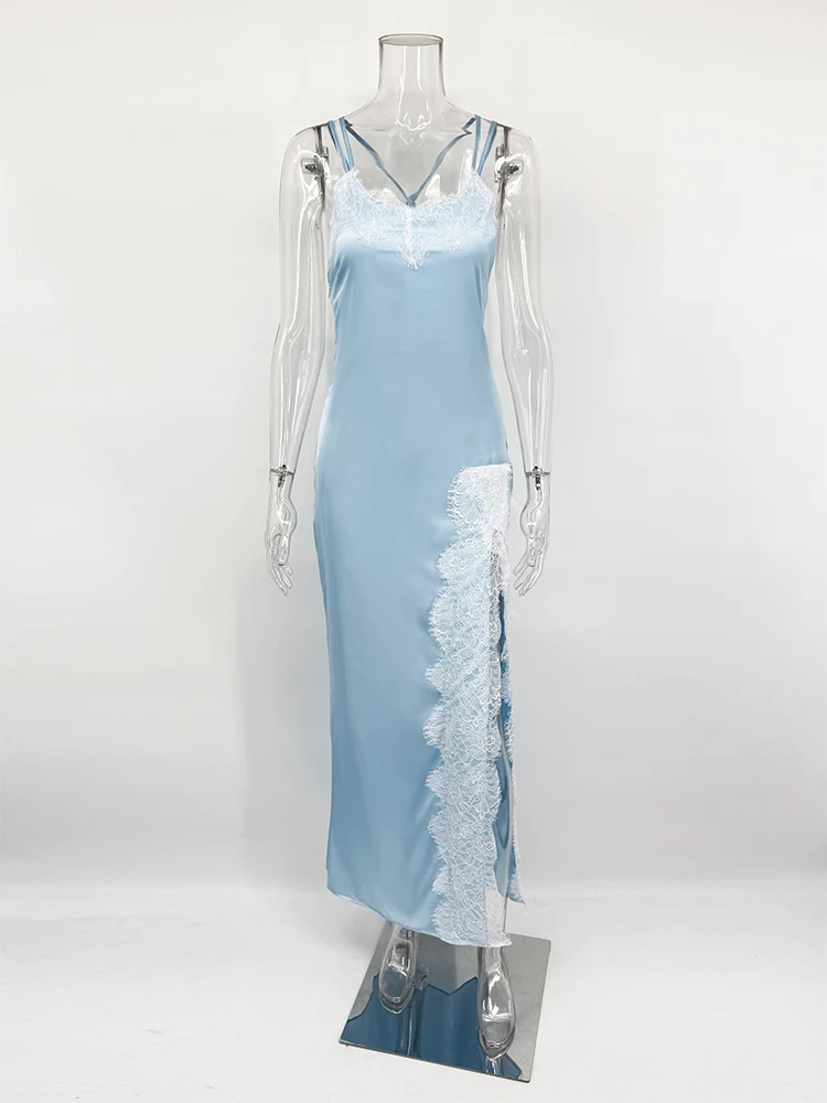 Trendix Abito lungo in pizzo con spacco laterale Moda donna Halter Slim con spalle scoperte Abiti lunghi Boho Abito elegante con fasciatura sexy senza schienale