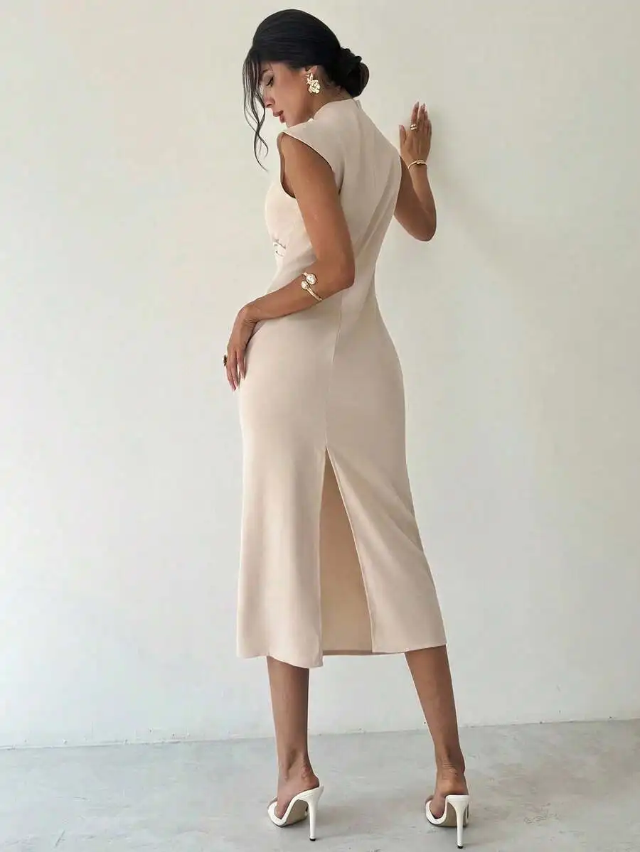 

Women Elegant Stand Collar Sleeveless Waist Cinched Apricot Midi Dress Summer Casual Work Holiday