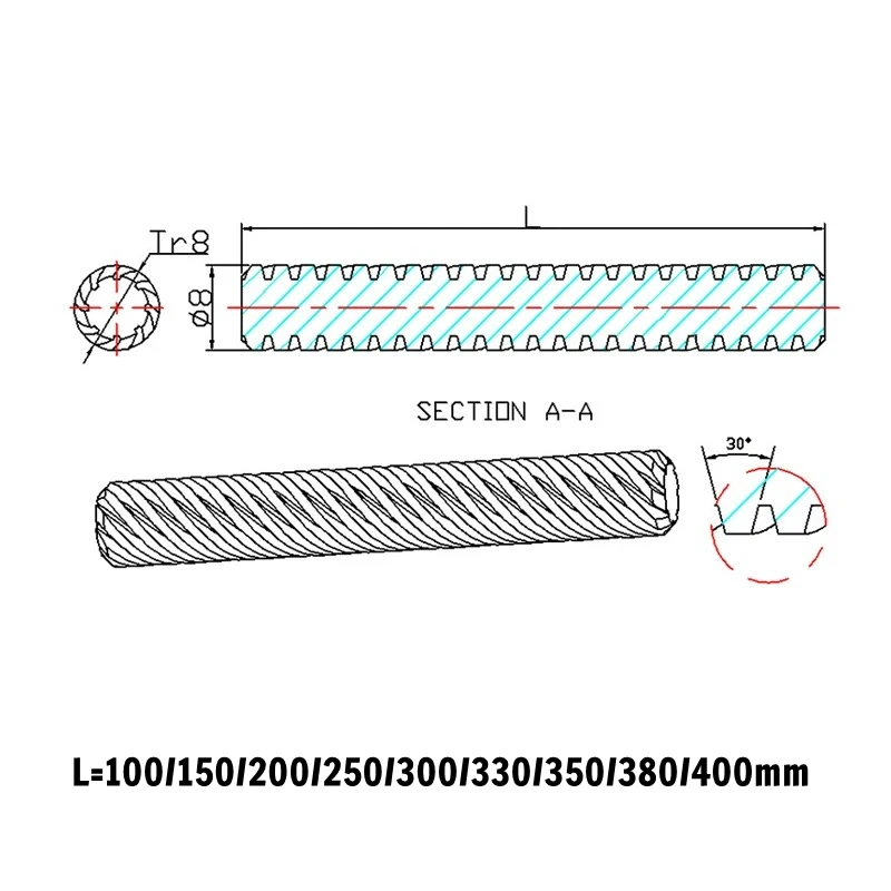 Lead 2mm/8mm Trapezoidal Screw Without Copper Nut T8 OD 8mm Lead Screw 100/150/200/250/300/330/350/380/400mm T8 3D Printer Parts