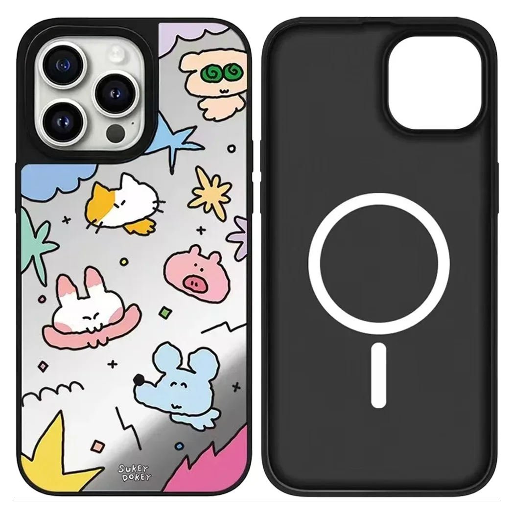

Starry Sky Cartoon Animals Mirror Magnetic Phone Case Cover for IPhone 17 16 15 14 13 12 Pro Max Case for IPhone 17 Pro Max