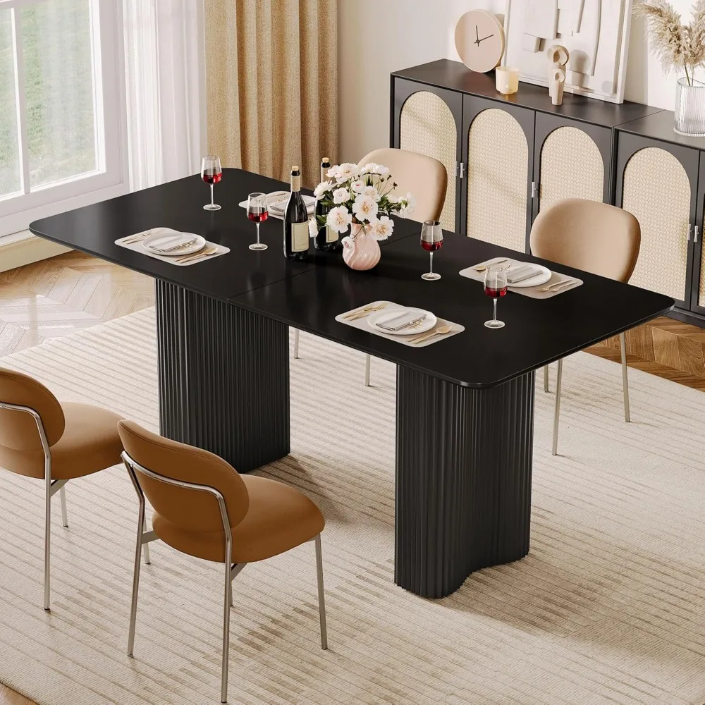 63'' Dining Table for 4-6 People Modern Rectangular Kitchen Table with Solid Wave Curved Legs Large Cream Black Dinner Table