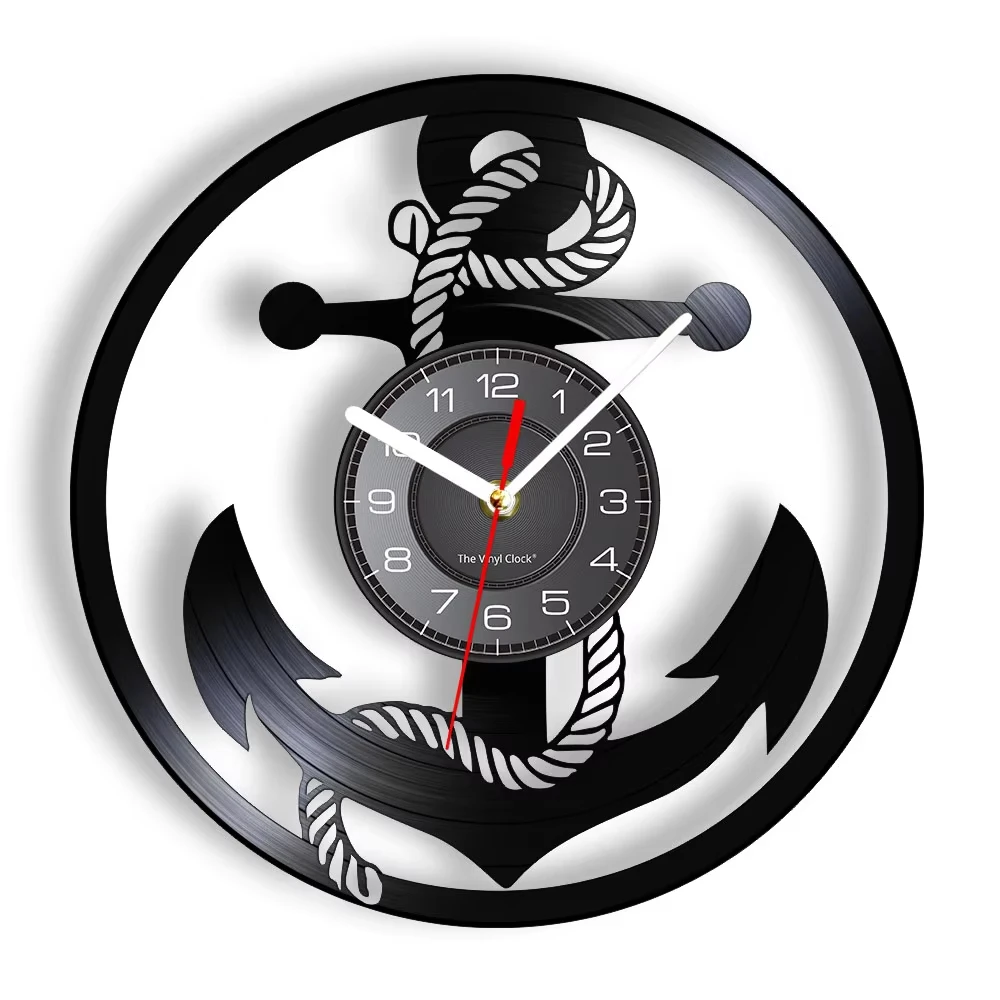 Handmade Nautical Themed Vinyl Wall Clock - Laser Cut Black Record, Silent Quartz Movement, Retro Wall Decor for Ocean Lovers