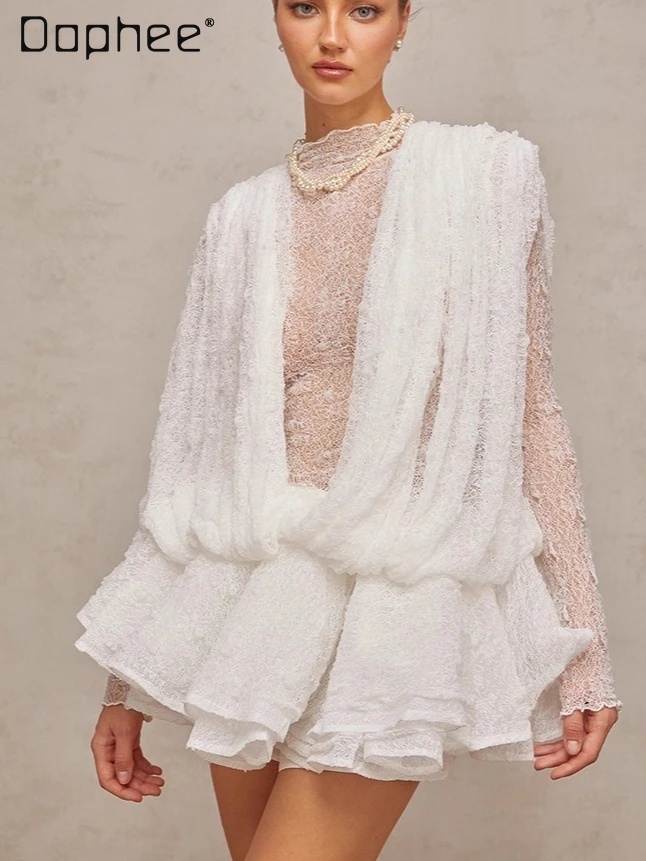 

European American Fashion Socialite Evening Dresses Stand Collar Long Sleeve Stretch Lace Long Sleeve V-neck Tutu Dress Women