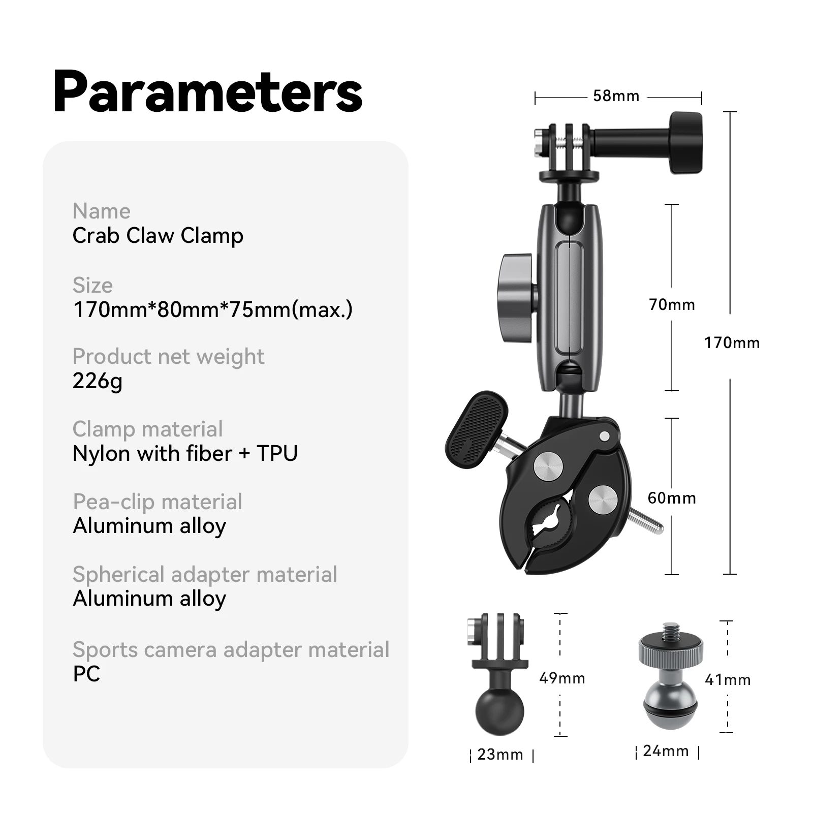 TELESIN Motorcycle Cycling Crab Claw Clip Magic Arm 360° Adjustment Super Clamp 1/4\