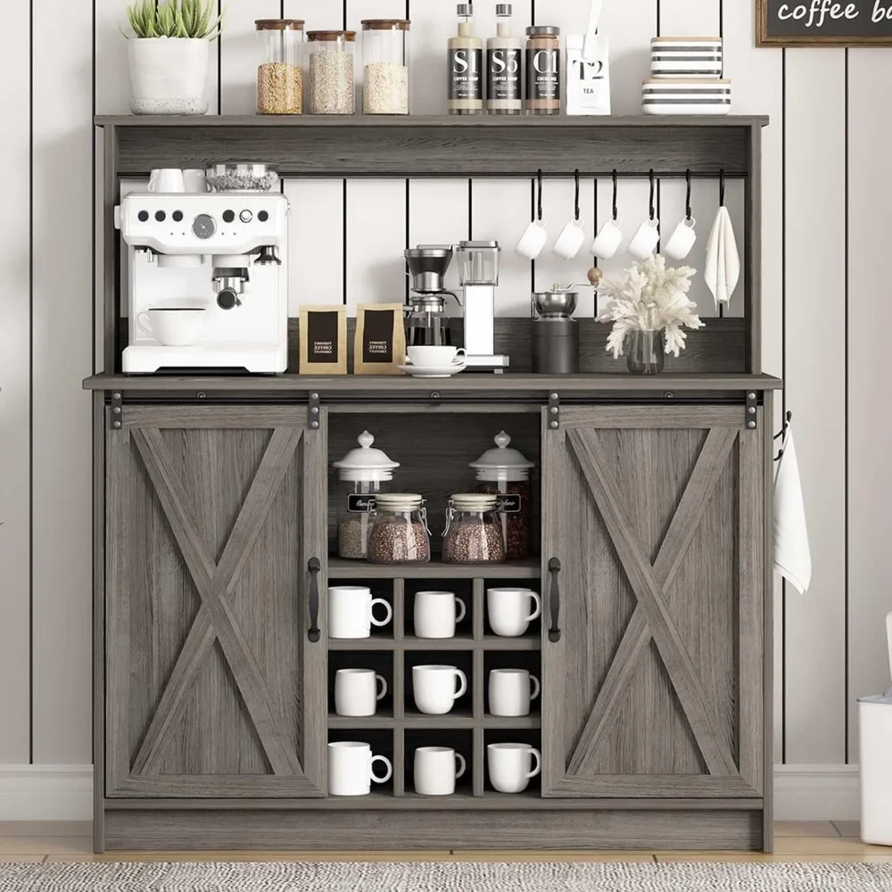 Farmhouse Style Coffee Bar Cabinet with Hutch, 6 Hooks, 47 Wine Storage Buffet Cabinet