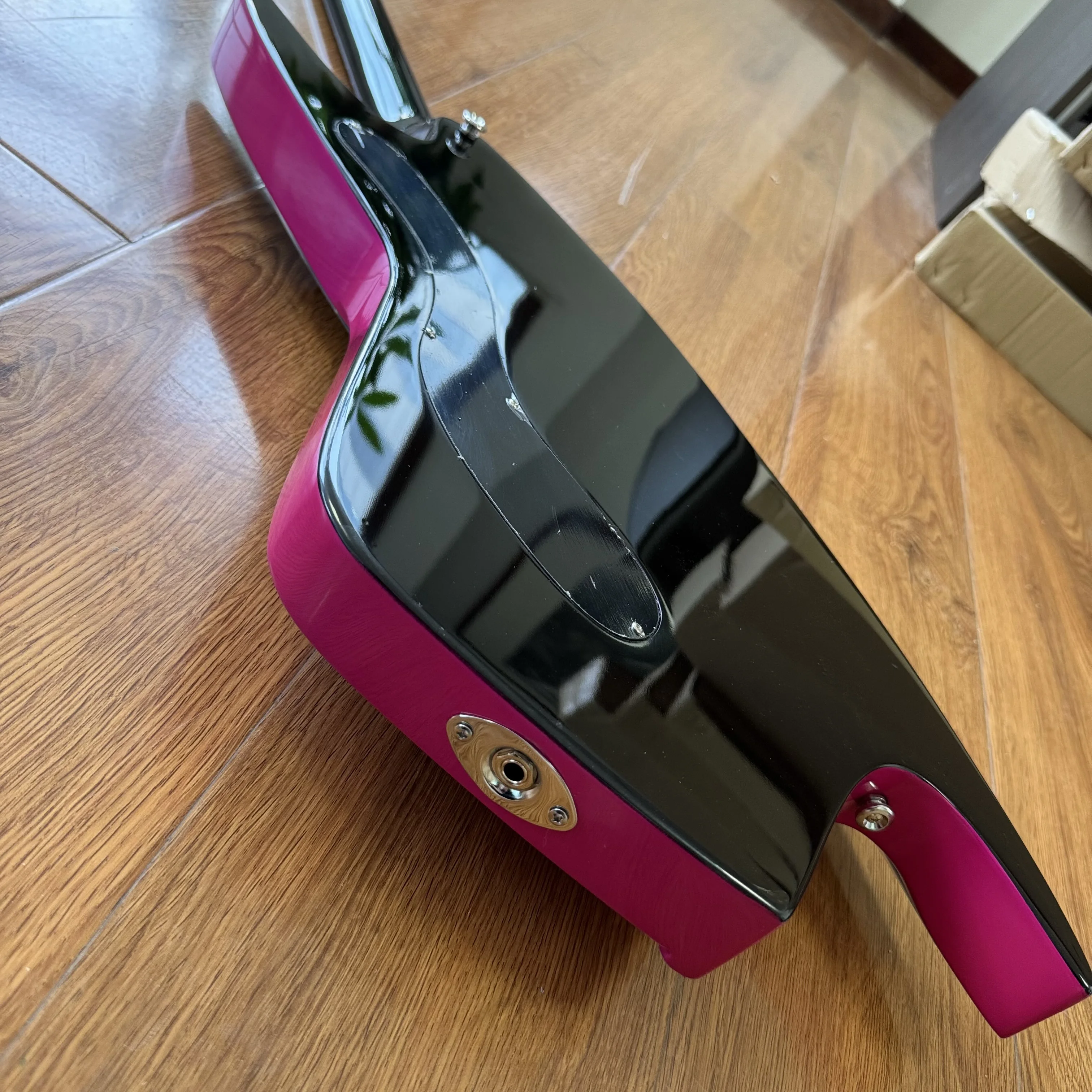 Costom Electric Guitar With A Body In Bright Pink And Black Contrast, Silver Metal Guard Plates, Double-Coil Pickups