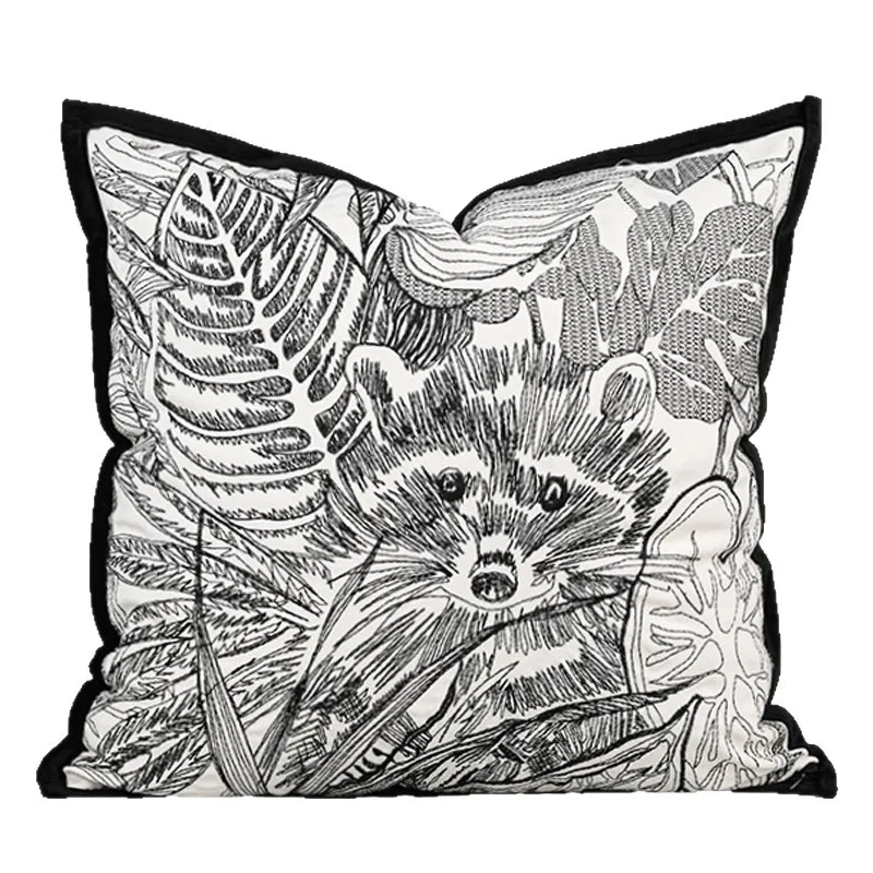 

Modern Luxury Black and White Raccoon Embroidered Pillowcase, Living Room Sofa Cushion Cover, High-End Hotel Square Pillow