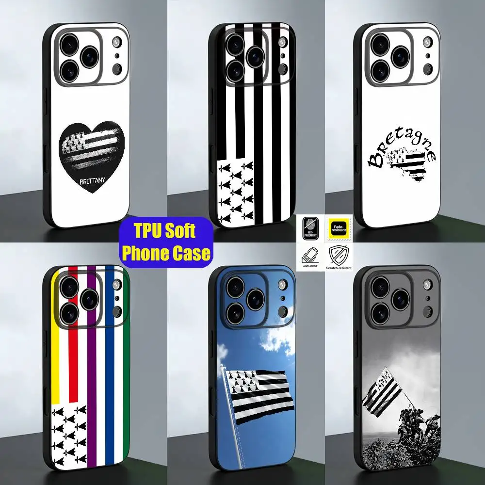 

For Bretagne Brittany France Region Flag Phone Case iPhone 13,16,12,14,15,11,17,Pro,Max,Plus,E,Air,Mini Black Silicone Cover
