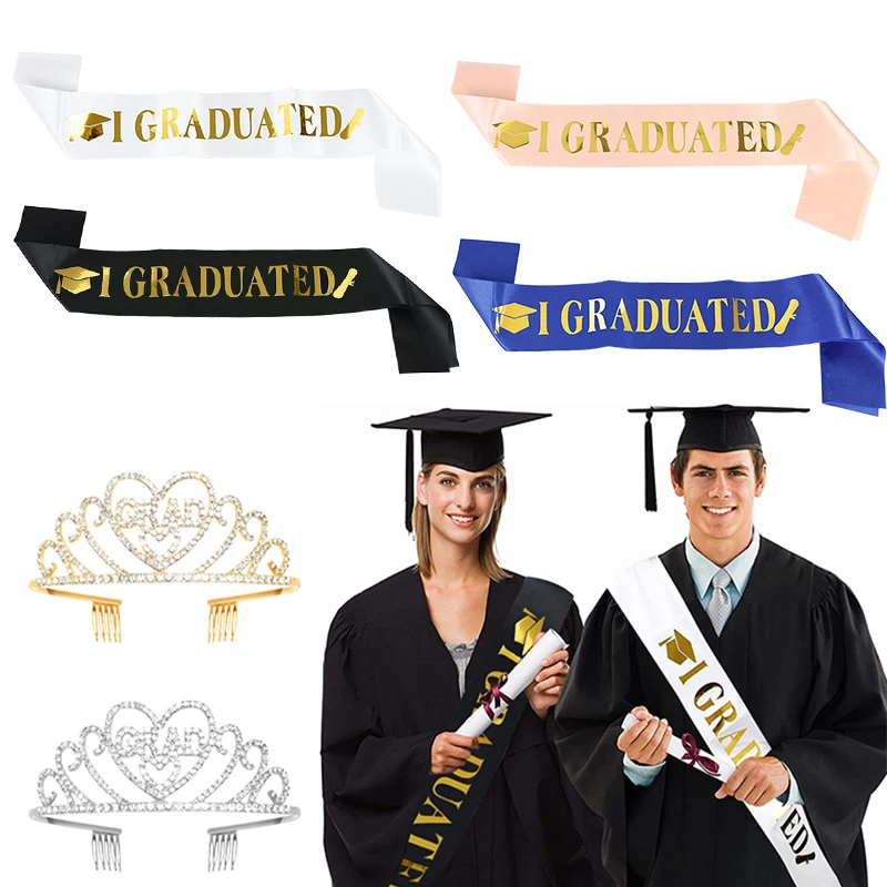 1Set Graduation Celebrate Satin Sash Etiquette Belt Glitter Rhinestone Crown Photo Props Class of 2023 Gradute Party Supplies