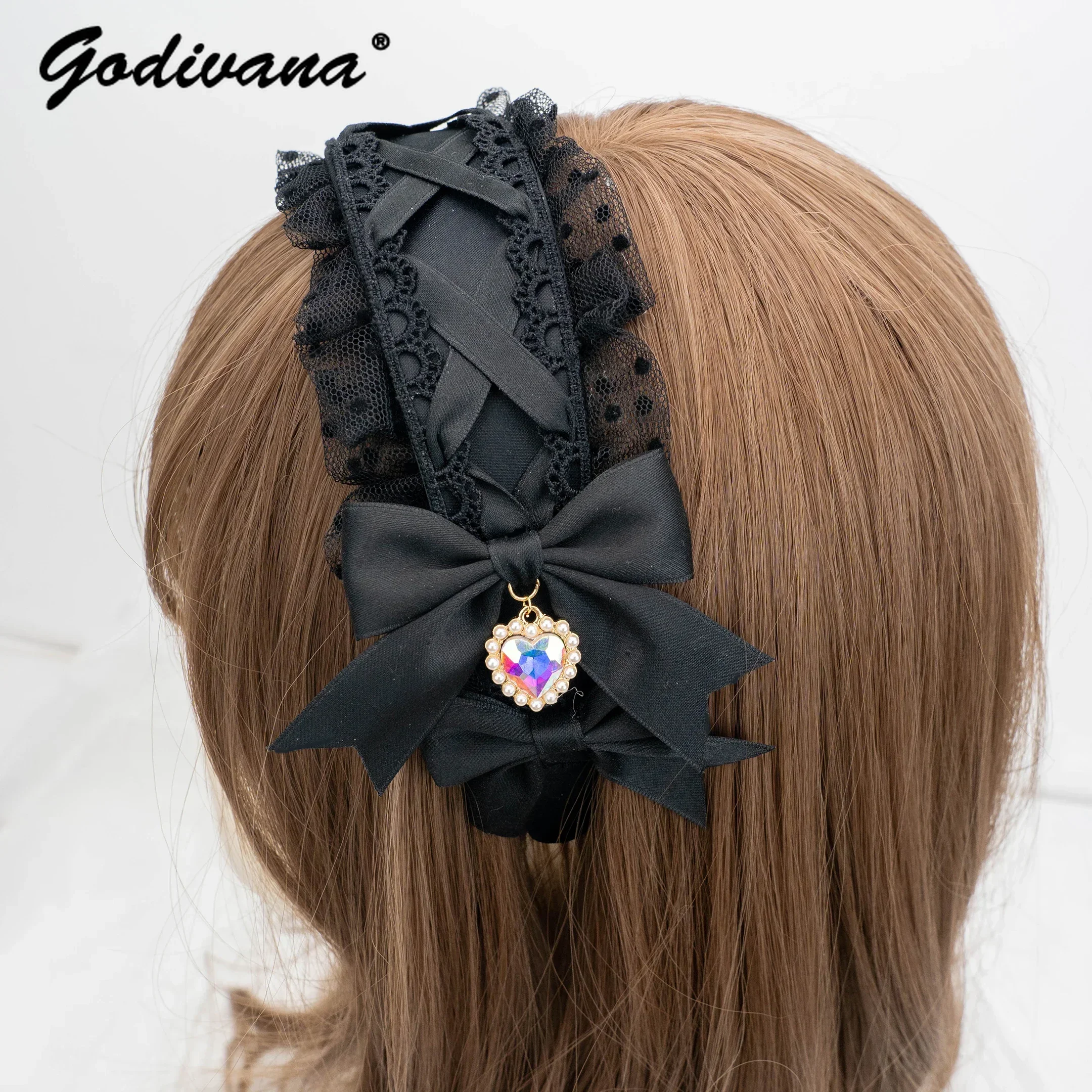 Lolita Hairband Lace Bow New Headwear Sweet Heart Shape Rhinestone Pendant Headband Japanese Style Hair Accessories for Women