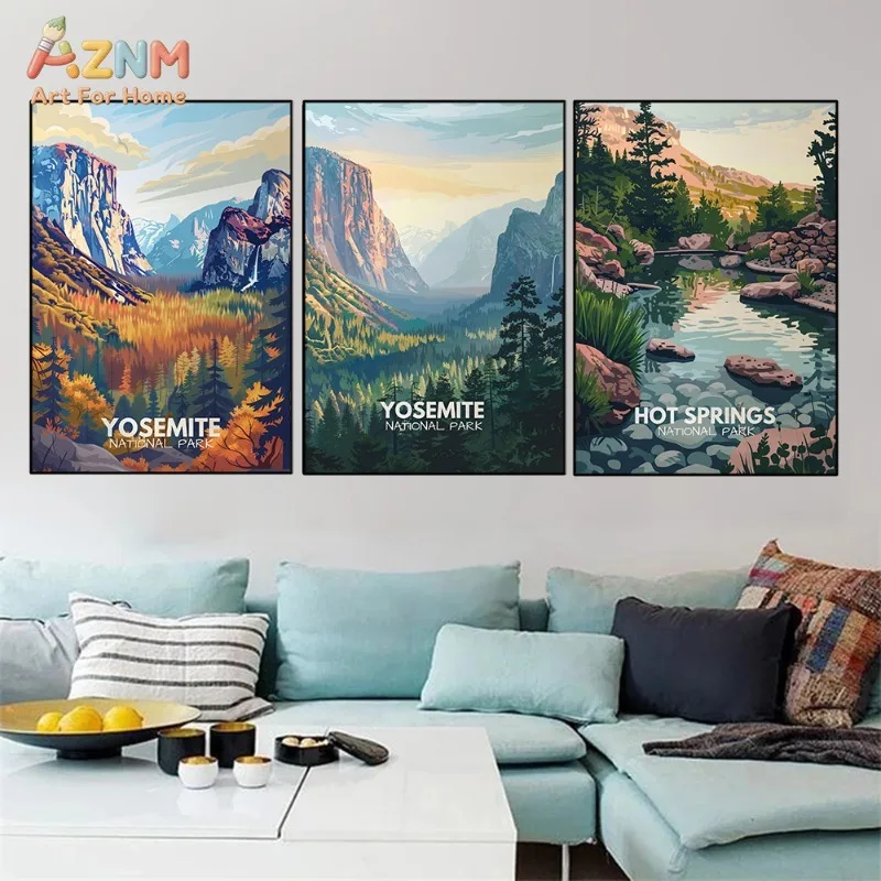 AZNM Vintage US National Park City Landscape Canvas Print Yosemite Maui New York Desert Mountain Travel Scenery Wall Poster Unfr