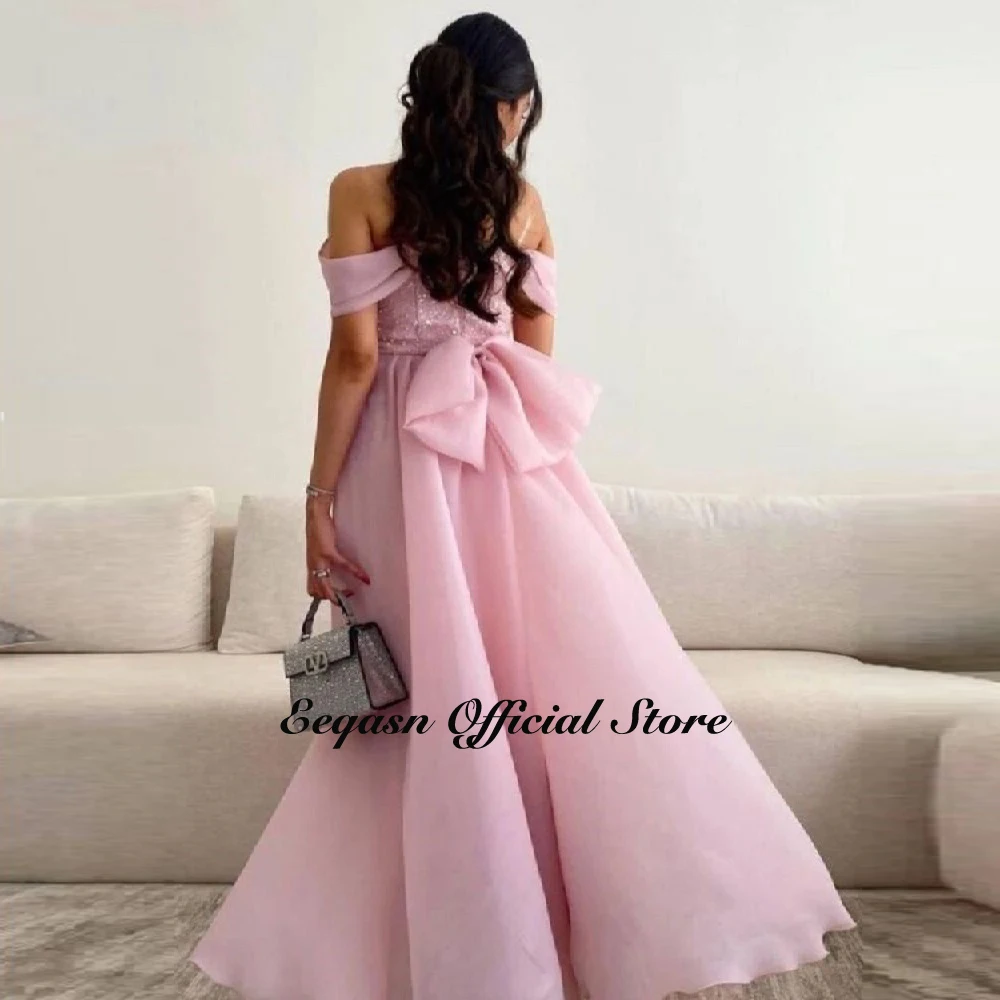 Sparkly Pink Evening Dresses Off Shoulder Formal Party Gowns for Women Ankle Length Saudi Arabic Organza Customized Prom Dress