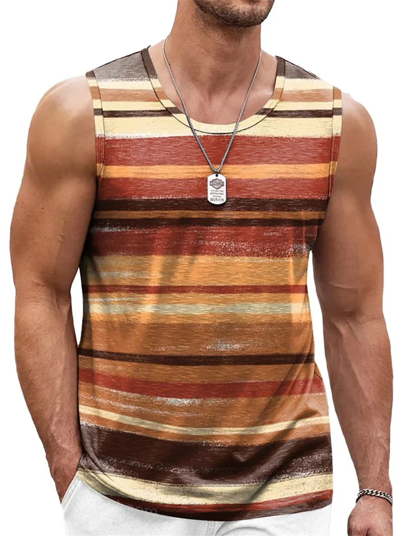 Retro Striped Graphic Tank Tops For Men Fashion Casual Summer Sleeveless 3D Printed Vest Loose Crew Neck Quick Dry Sports Tees image 5